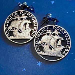 Vintage Portuguese 
Silver Cut Coin Earrings